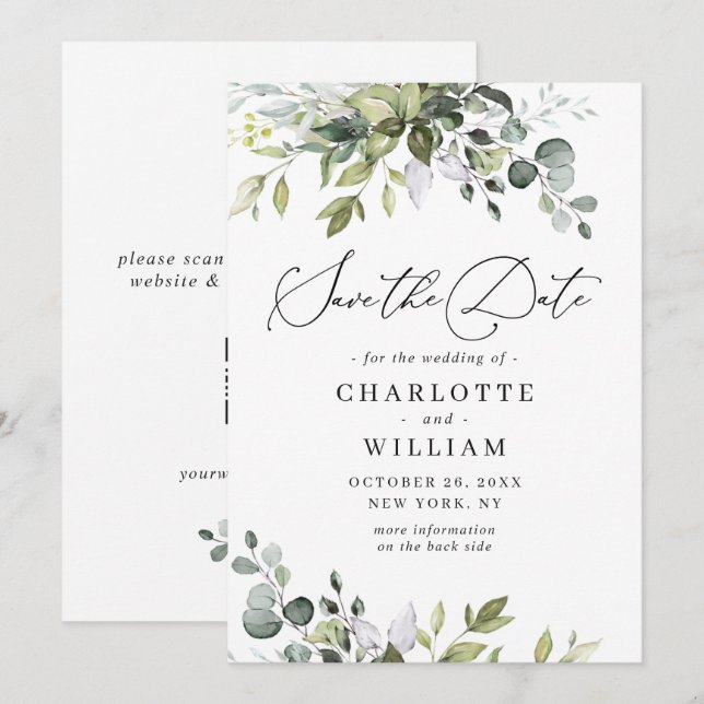 Elegant Watercolor Eucalyptus Wedding QR Code Save The Date (Front/Back)