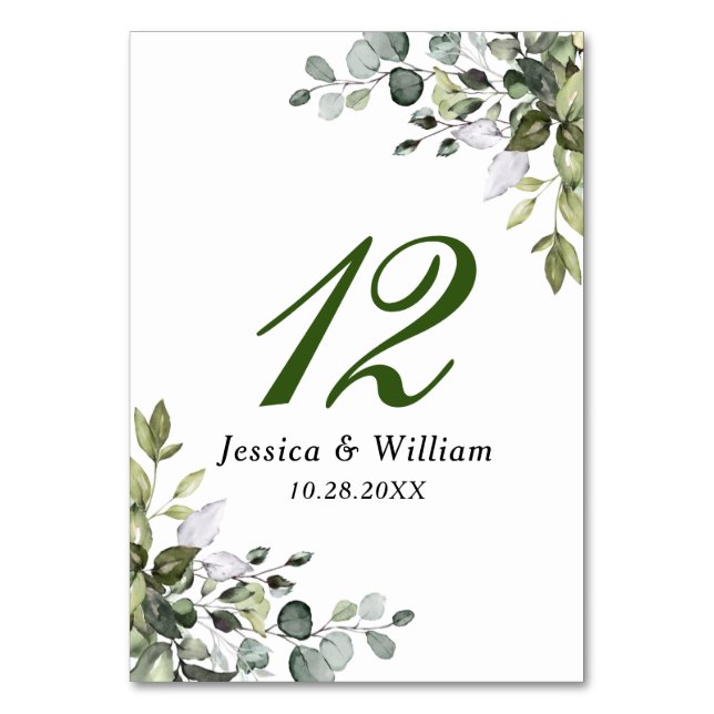 Elegant Watercolor Eucalyptus Wedding Table Number (Front)
