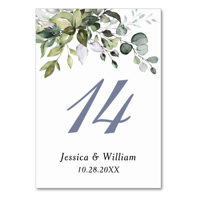 Elegant Watercolor Eucalyptus Wedding Table Number (Front)
