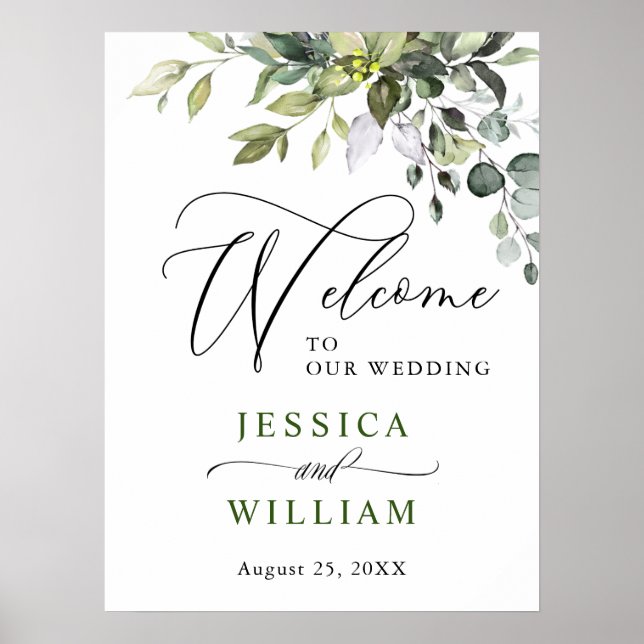Elegant Watercolor Eucalyptus Wedding Welcome Poster (Front)