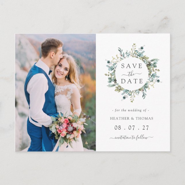 Elegant Watercolor Eucalyptus Wreath Save The Date Announcement Postcard (Front)