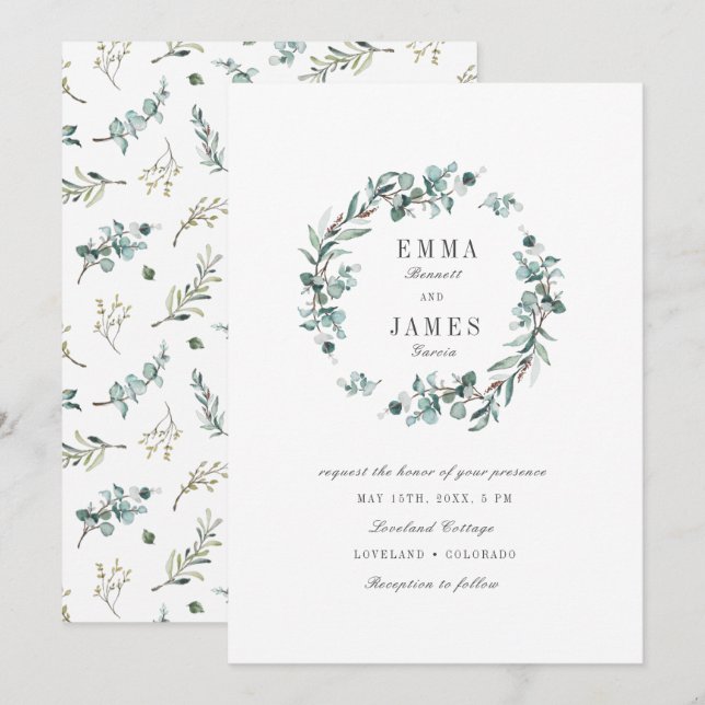 Elegant Watercolor Eucalyptus Wreath Wedding Invitation (Front/Back)