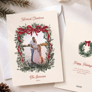 Elegant Watercolor Evergreen Bow Photo Christmas Holiday Card