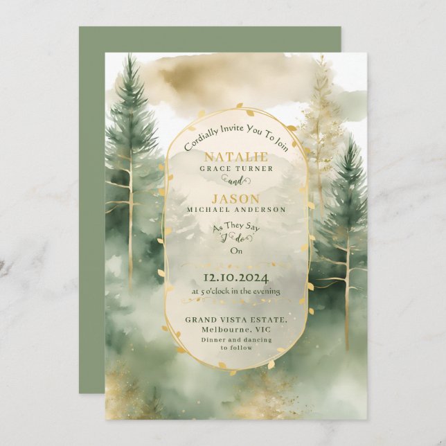 Elegant watercolor Evergreen trees Rustic Wedding Invitation (Front/Back)