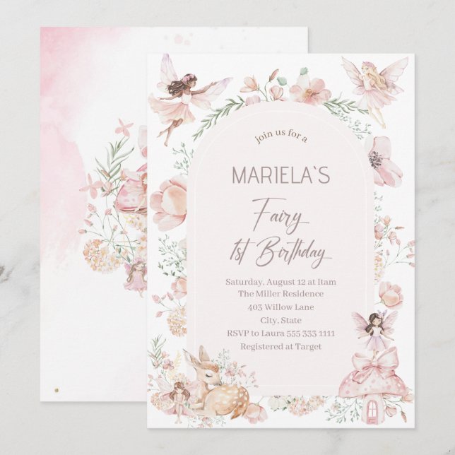 Elegant Watercolor Fairy First Birthday  Baby Show Invitation (Front/Back)
