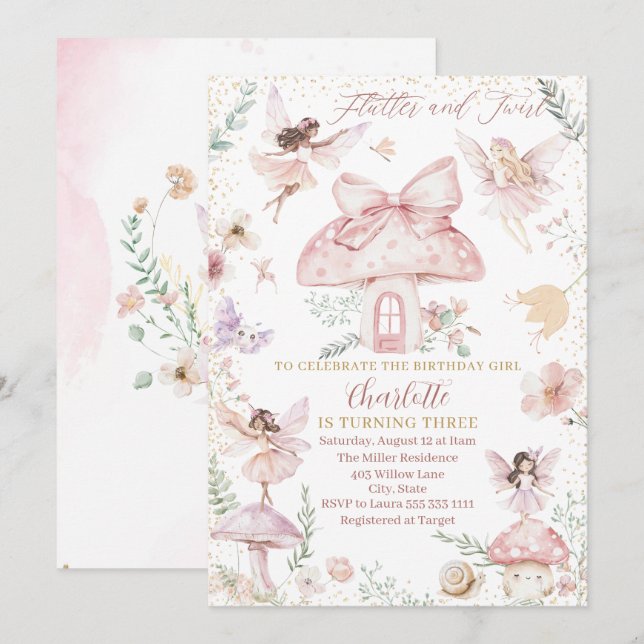 Elegant Watercolor Fairy is turning three Birthday Invitation (Front/Back)