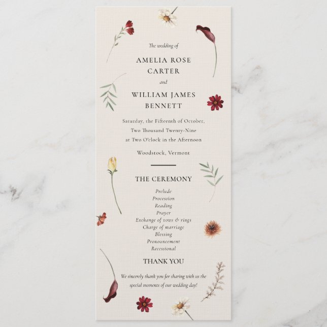 Elegant Watercolor Fall Autumn Wildflower Wedding  Programme (Front)