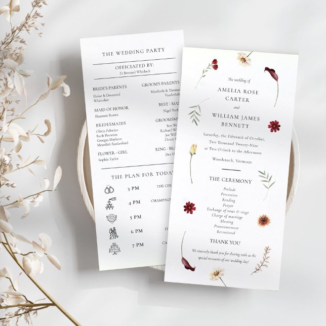 Elegant Watercolor Fall Autumn Wildflower Wedding  Programme (Elegant Watercolor Fall Autumn Wildflower Wedding Program)