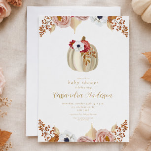 Elegant Watercolor Fall Floral Pumpkin Baby Shower Invitation
