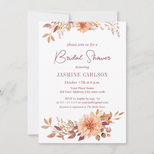 Elegant Watercolor Fall Flowers Bridal Shower Invitation (Front)
