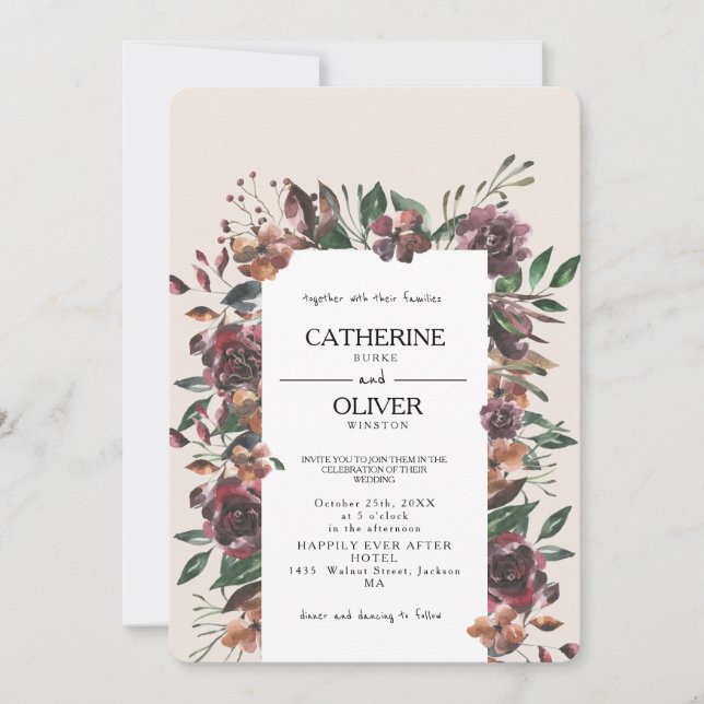 Elegant Watercolor Fall Flowers Frame Ecru Wedding Invitation (Front)