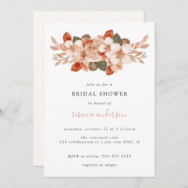 Elegant Watercolor Fall Foliage Bridal Shower Invitation (Front/Back)