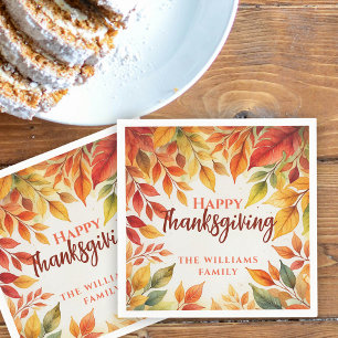 Elegant Watercolor Fall Leaves Border Thanksgiving Napkin