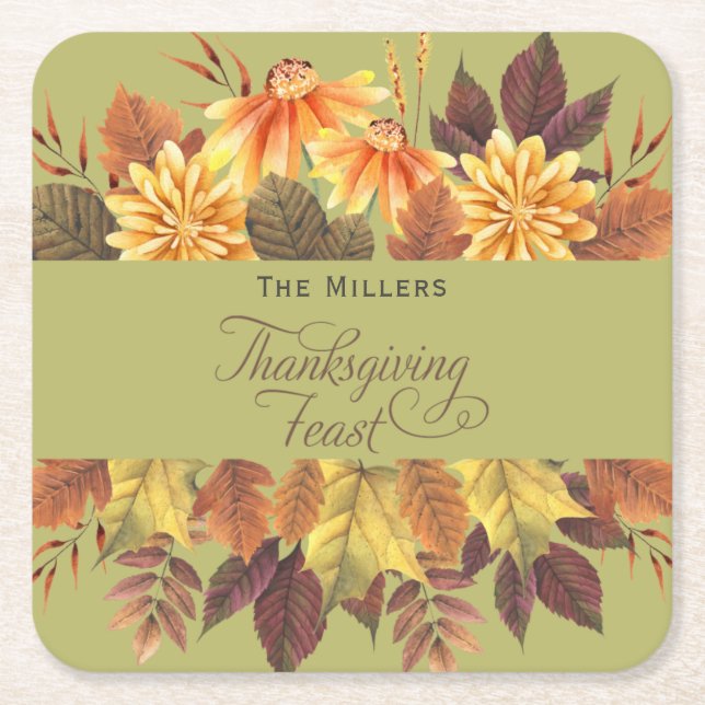 Elegant Watercolor Fall Leaves Thanksgiving Feast Square Paper Coaster (Front)