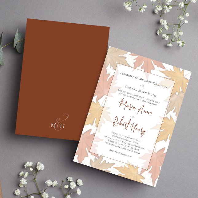 Elegant Watercolor Fall Leaves Wedding  Invitation (Elegant watercolor leaves classic wedding invitation.)