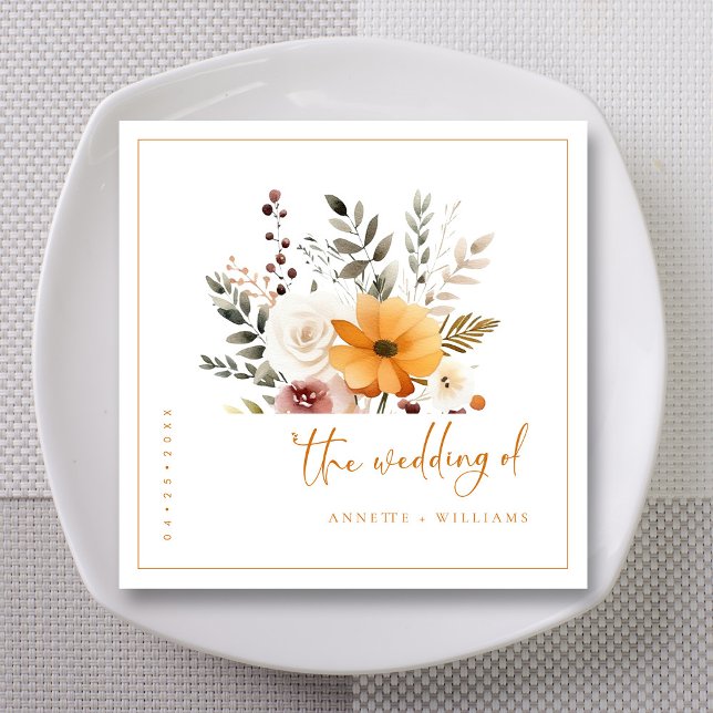 Elegant Watercolor Fall Wedding Napkins (Custom) (Elegant Watercolor Fall Bouquets Script Wedding  Napkins)