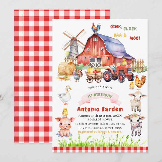 Elegant  Watercolor  Farm Baby  1st birthday Invitation (Front/Back)