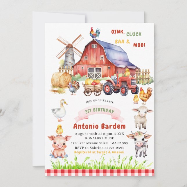 Elegant  Watercolor  Farm Baby  3st birthday Invitation (Front)