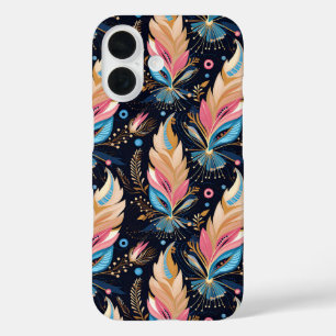 Elegant Watercolor Feathers Navy Blue Pink And Tea iPhone 16 Case