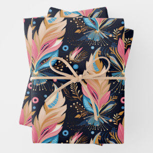 Elegant Watercolor Feathers Navy Blue Pink And Tea Wrapping Paper Sheet