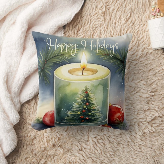 Elegant Watercolor Festive Christmas Tree Candle  Cushion (Blanket)