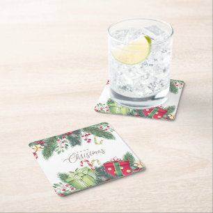 Elegant Watercolor Festive Decorations Christmas Square Paper Coaster