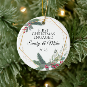 Elegant Watercolor First Christmas Engaged Married Ceramic Tree Decoration