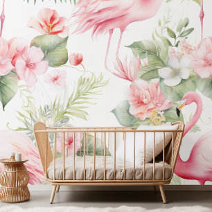 Elegant Watercolor Flamingo & Tropical Floral Patt Wallpaper