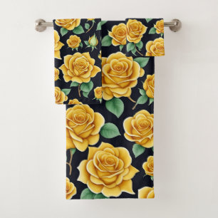 Elegant Watercolor Flora Yellow Roses Pattern Bath Towel Set