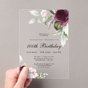 Elegant Watercolor Floral 100th Birthday Acrylic Invitations