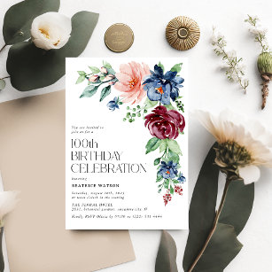 Elegant Watercolor Floral 100th Birthday  Invitation