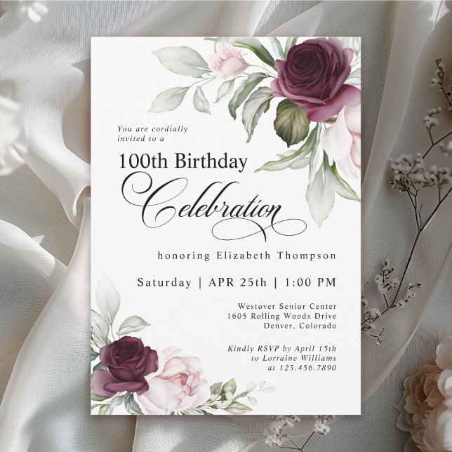 Elegant Watercolor Floral 100th Birthday Invitation (Creator Uploaded)
