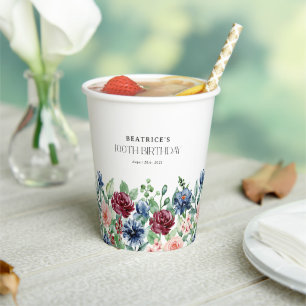 Elegant Watercolor Floral 100th Birthday Paper Cups
