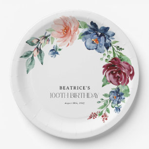 Elegant Watercolor Floral 100th Birthday Paper Plate