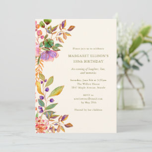 Elegant Watercolor Floral 100th Birthday Party Invitation