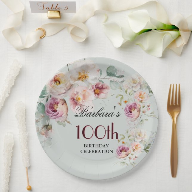 *Elegant Watercolor Floral 100th Birthday Party  Paper Plate (Wedding)