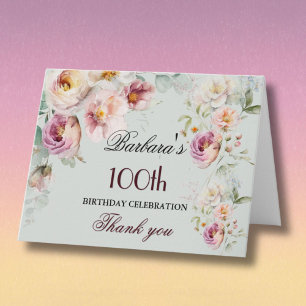 Elegant Watercolor Floral 100th Birthday Party Thank You Card