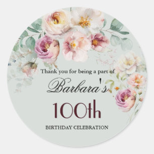 Elegant Watercolor Floral 100th Birthday Welcome Classic Round Sticker