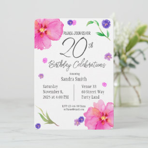 Elegant Watercolor Floral 20th Birthday Invitation