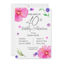 Elegant Watercolor Floral 40th Birthday Invitation