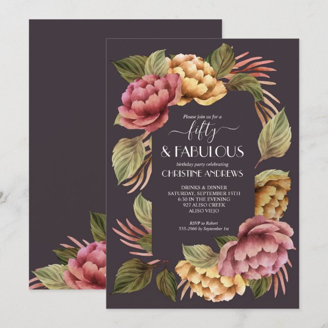 Elegant Watercolor Floral 50th Birthday Party Invitation (Front/Back)