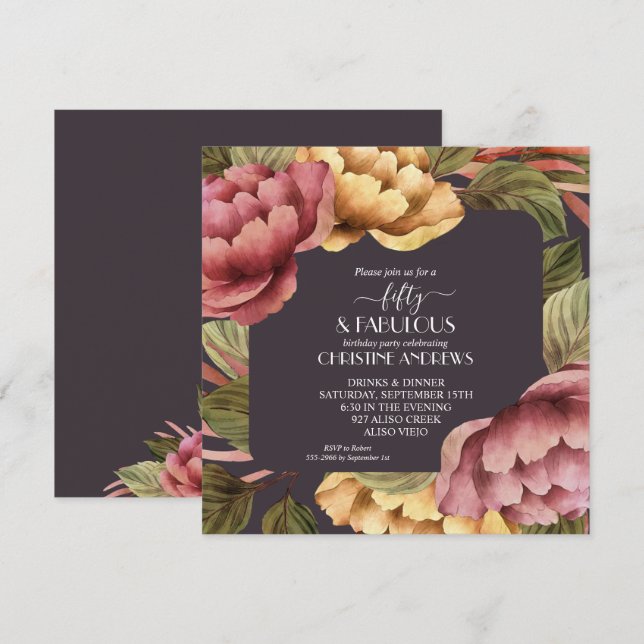 Elegant Watercolor Floral 50th Birthday Party Invitation (Front/Back)
