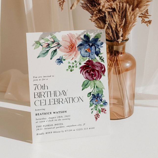 Elegant Watercolor Floral 70th Birthday  Invitation (Creator Uploaded)