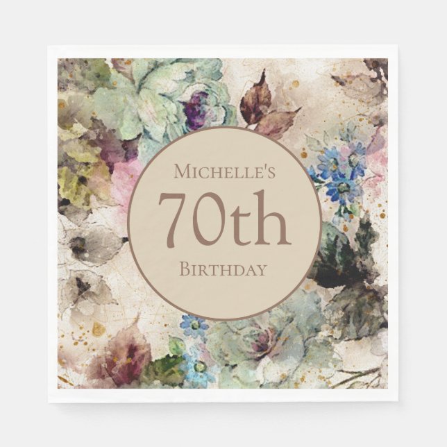 Elegant Watercolor Floral 70th Birthday   Napkin (Front)