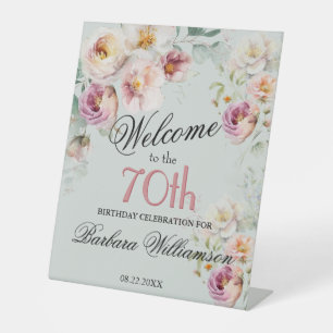 Elegant Watercolor Floral 70th Birthday Welcome  Pedestal Sign