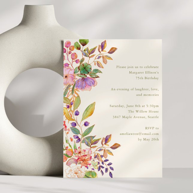 Elegant Watercolor Floral 75th Birthday Party Invitation (Creator Uploaded)