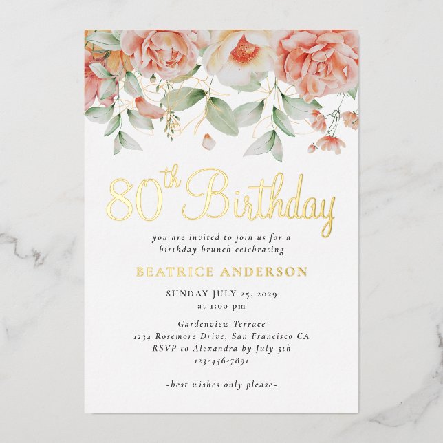 Elegant Watercolor Floral 80th Birthday  (Front)