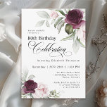 Elegant Watercolor Floral 80th Birthday Invitation<br><div class="desc">Celebrate a special milestone birthday with this beautiful 80th birthday party invitation. It features elegant floral borders in burgundy and pink roses on each side of the elegantly placed text. Colours include pale blush pink, deep burgundy red and plum mixed with ethereal greenery and tiny white accent flowers. Personalise the...</div>