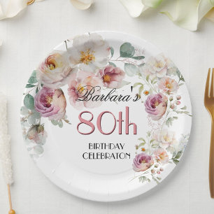 *Elegant Watercolor Floral 80th Birthday Party Paper Plate