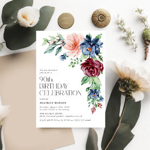 Elegant Watercolor Floral 90th Birthday  Invitation